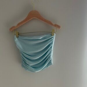 SER.O.YA Ruched Satin Tube Top in Light Blue